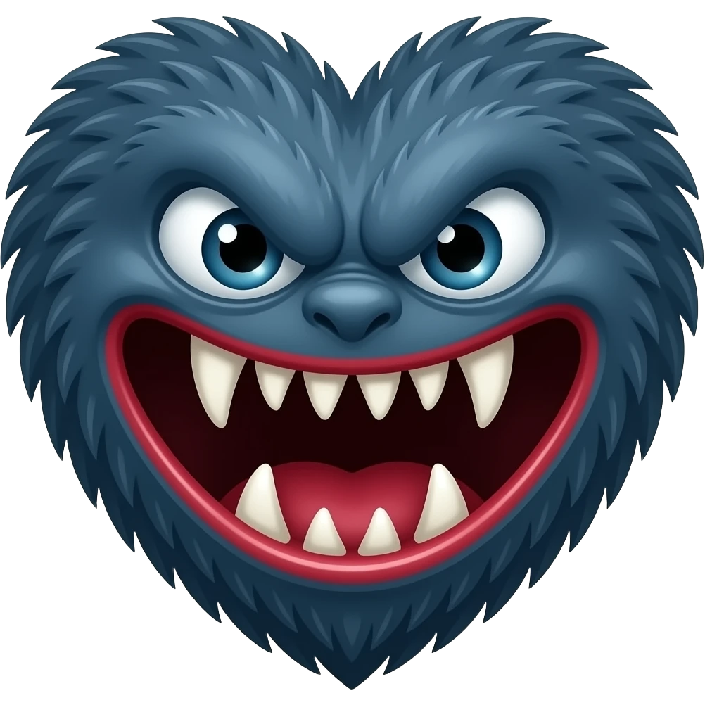 Crie o emoji de um monstro com a cara no formato de coração azul escuro com ema boca grosa e vermelha cheia de dentes aviados ela tem pelo e olhos grandes com um olhar ameaçador com cara de “ eu vou te matar “ emoji