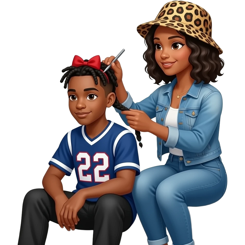 African American teenage boy with bow wow style braids  sitting on house porch steps wearing a jersey shirt with the number 22 on it, getting his hair braided by a African American woman with shoulder length curly black hair wearing a leopard print bucket hat wearing denim jeans and a denim jacket emoji