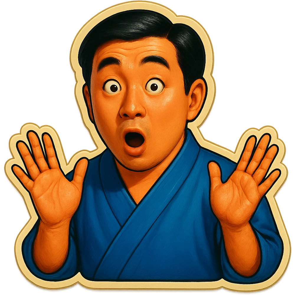 The same Japanese man in traditional kimono looks at the viewer with a surprised look, and his hands are empty emoji