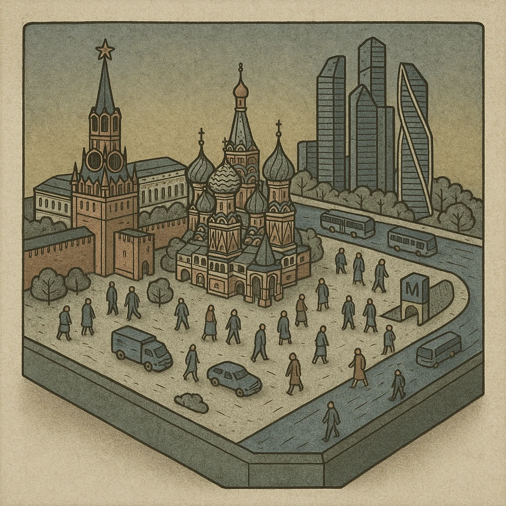 Изометричная миниатюрная 3D модель Москвы на подставке - фотореалистичный Кремль, собор Василия Блаженного, Башни Москва-Сити, аккуратная детализация, яркие цвета, мультяшный реализм, гуляют люди и современный автотранспорт и метро, компактная композиция, вид сверху в изометрии emoji