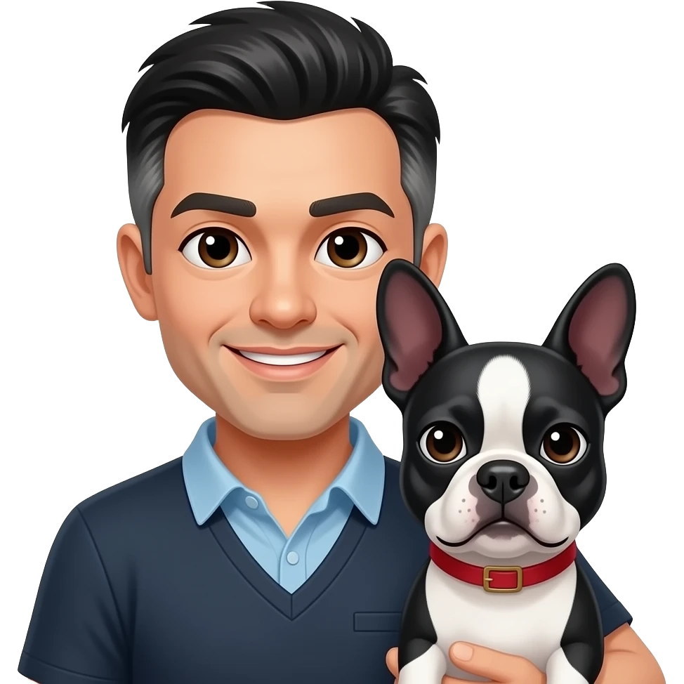 White man with dark hair with grey streaks holding a Boston Terrier dog emoji