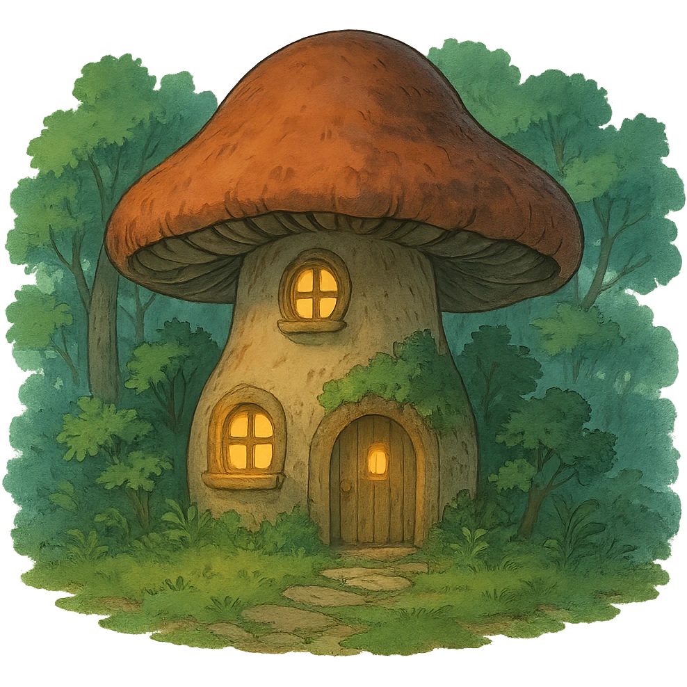 mushroom-shaped house with glowing lights, forest fairy tale vibe, ghibli style emoji