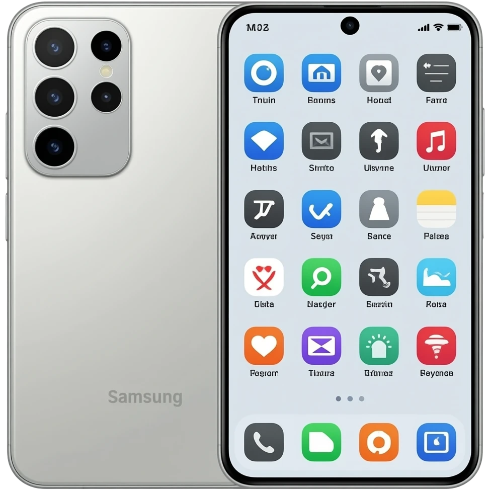 Самсунг Galaxy S26 Ultra - вид только спереди экран белый с рабочим столом сзади телефона ничего emoji