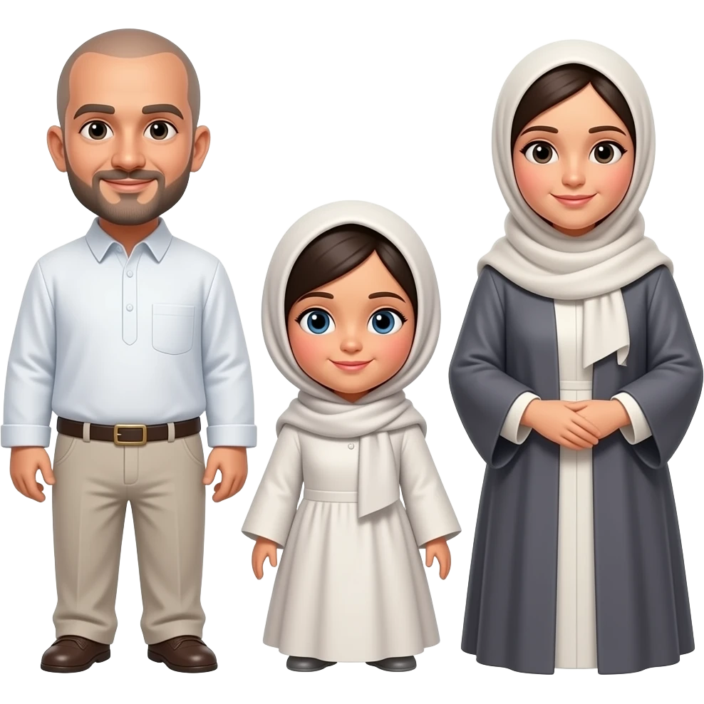 family the dad with short bald hair and  wearing a turbu and a tuhob and me is a girl with a hijab and my mom have a abayah emoji