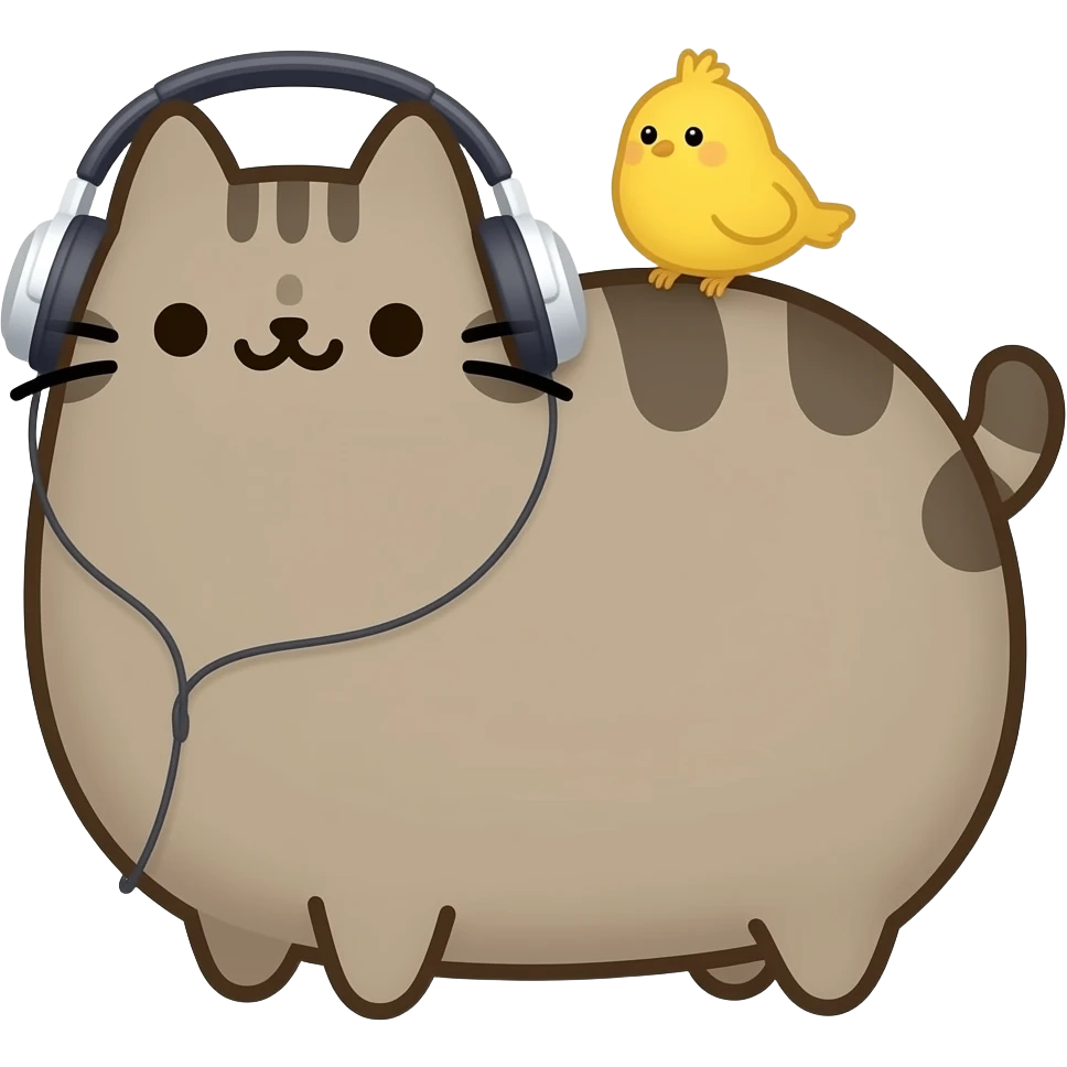 pusheen the cat with a small yellow bird on his head, listening to music in earphones. the image must be a transparent .png. no light or dark border around the image contour emoji