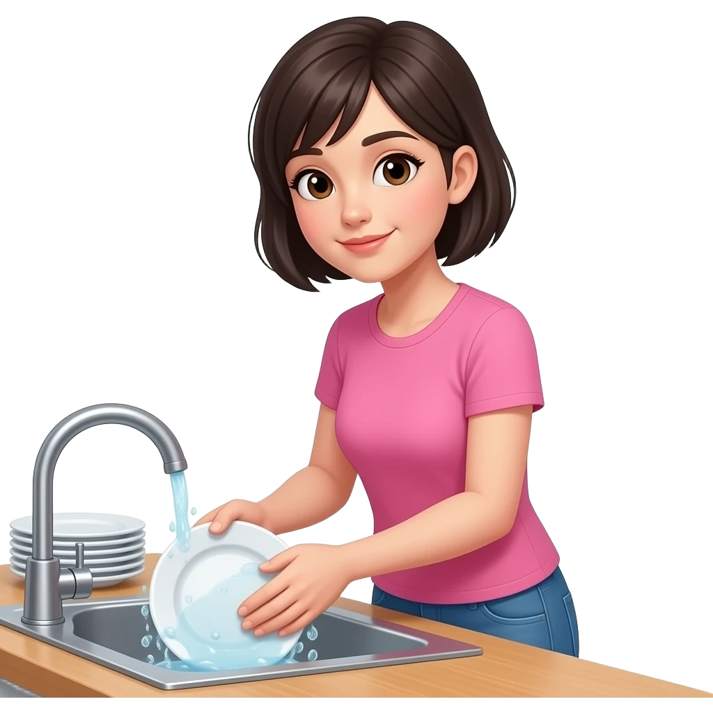 chica de cabello oscuro y corto sin accesorios, con ojos color cafe, con camiseta solida color rosa, lavando los platos emoji
