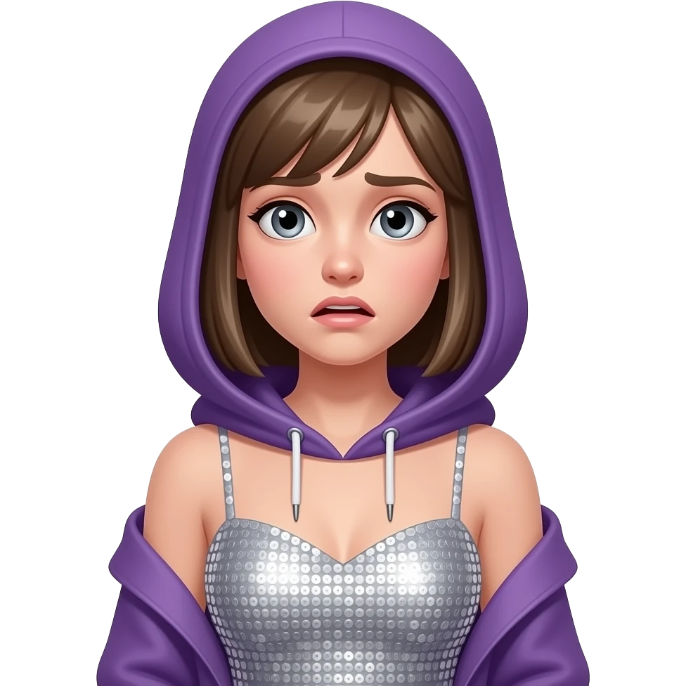 White girl with gray eyes, dark blonde (almost brown) chin-length straight hair, wearing a purple hoodie over a silver, finely-sequined dress that wraps around with no shoulder-straps. The hood is lowered, not covering her head. Scared. emoji