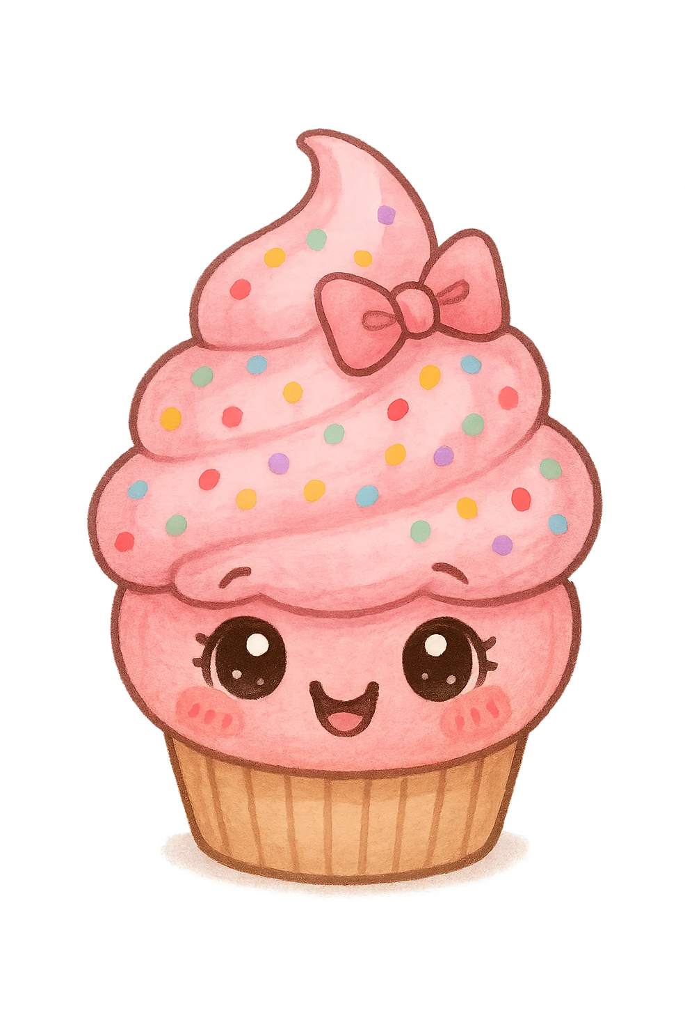 a cute pink cupcake with sprinkles and a bow, original design, big eyes, blushing cheeks, joyful emoji