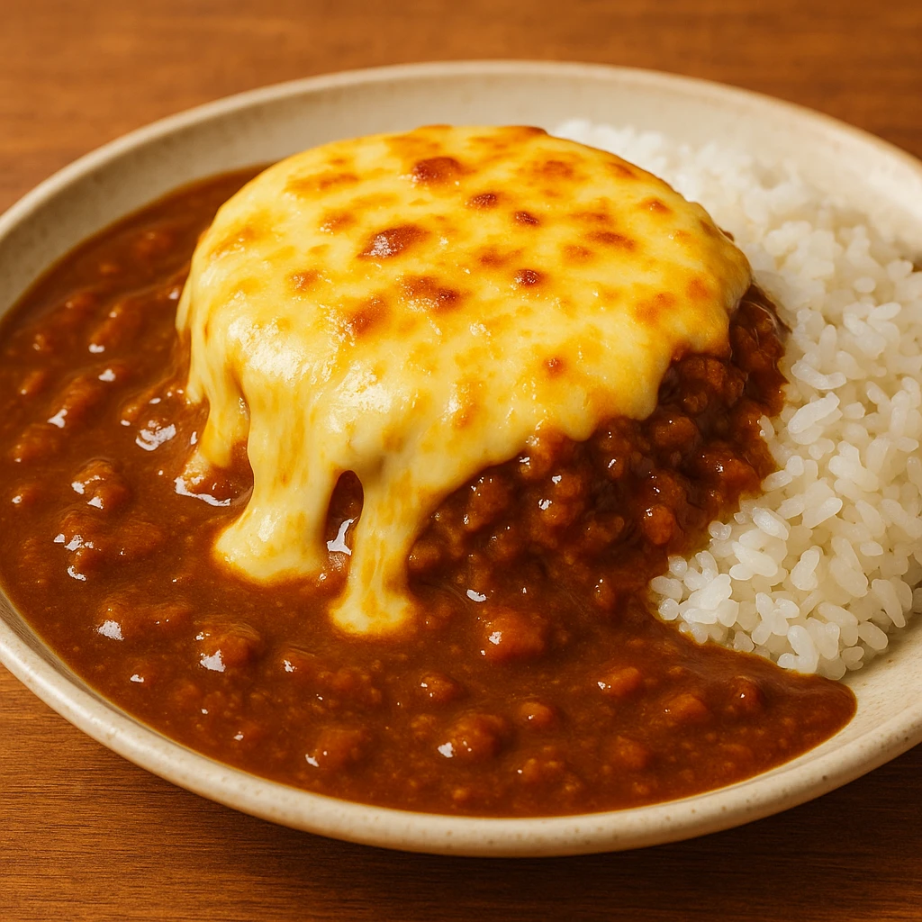 cheese-covered curry, gooey melted cheese on top, rich curry sauce, appetizing look emoji