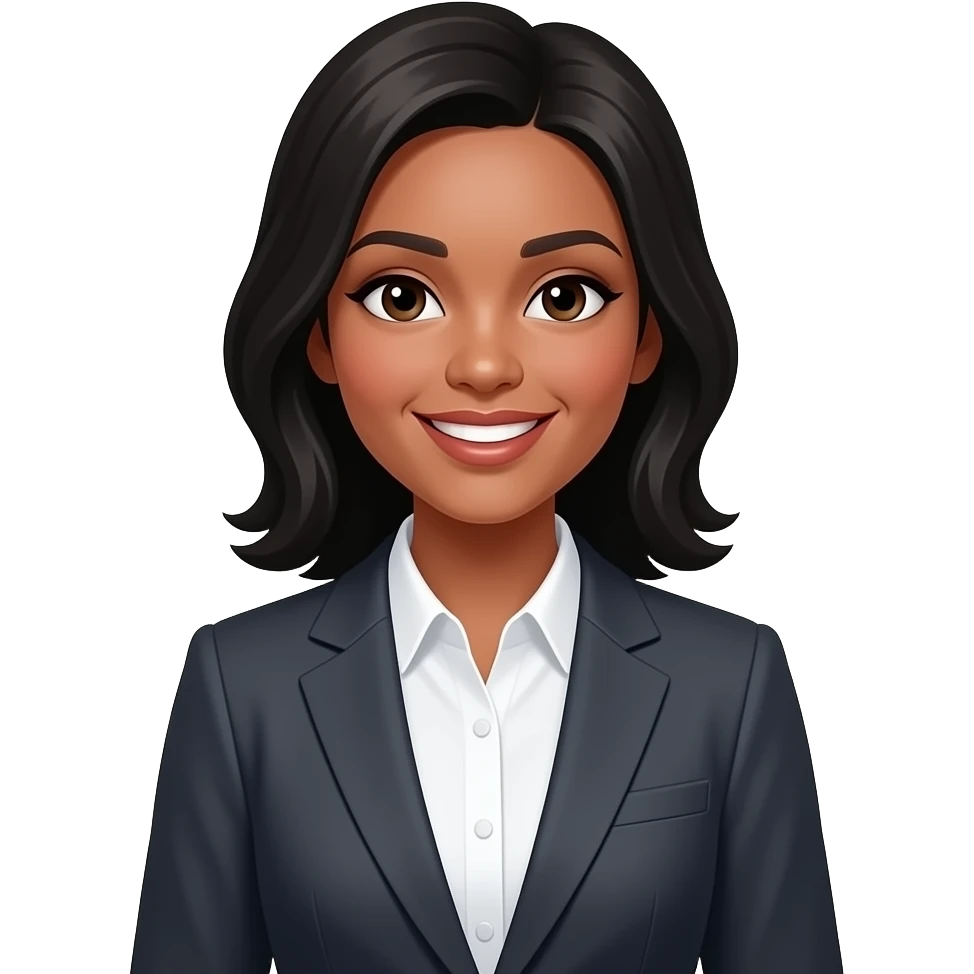 young confident businesswoman, medium-dark skin tone, black hair, professional female entrepreneur, smiling emoji