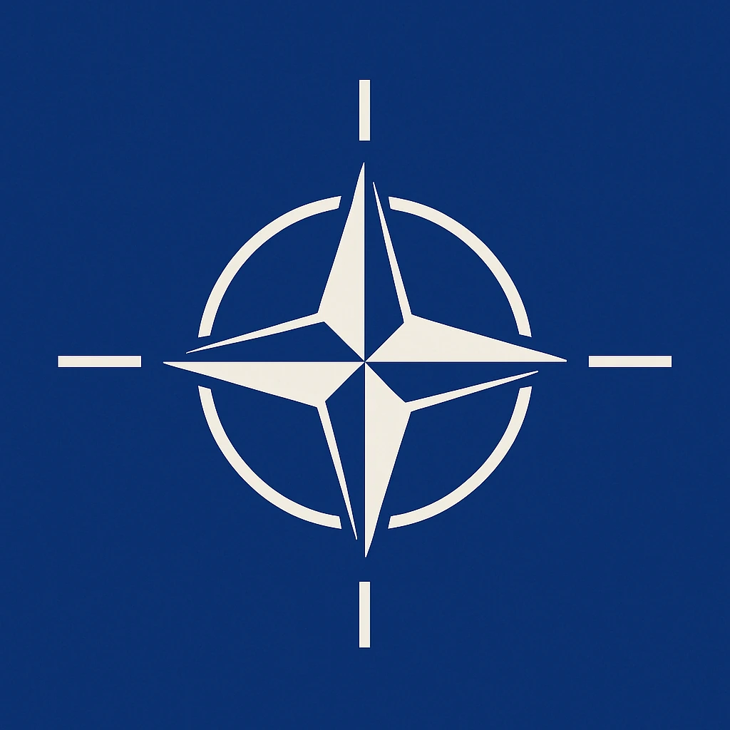 NATO flag with deep blue background and white compass rose emblem in the center, simple and iconic, flat vector style, no text emoji
