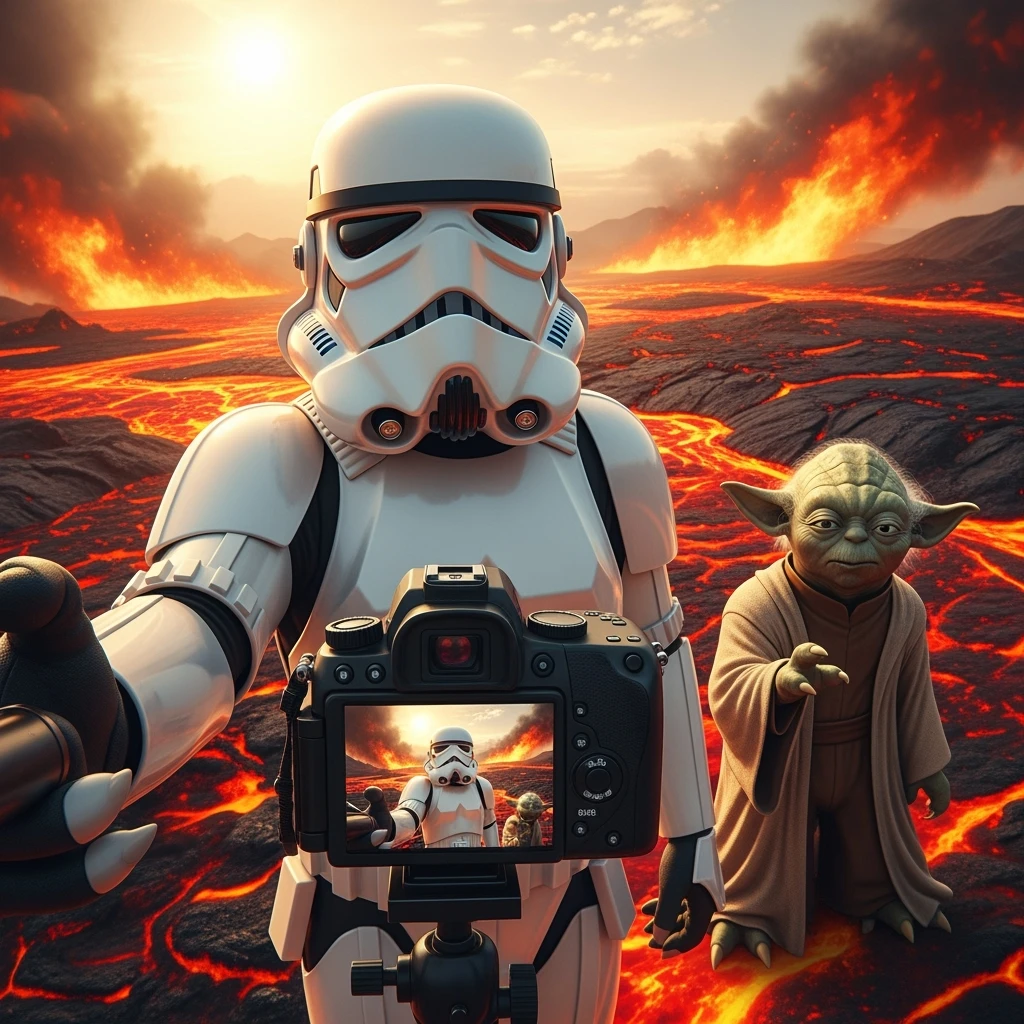 make digital poster art of Camera POV, Starwars stormtroopers vlogging selfie, he is walking on lava planet with yoda
 emoji