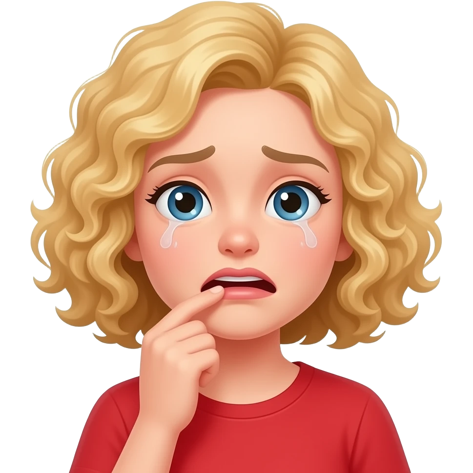 blonde curly bob sighing in red shirt emoji