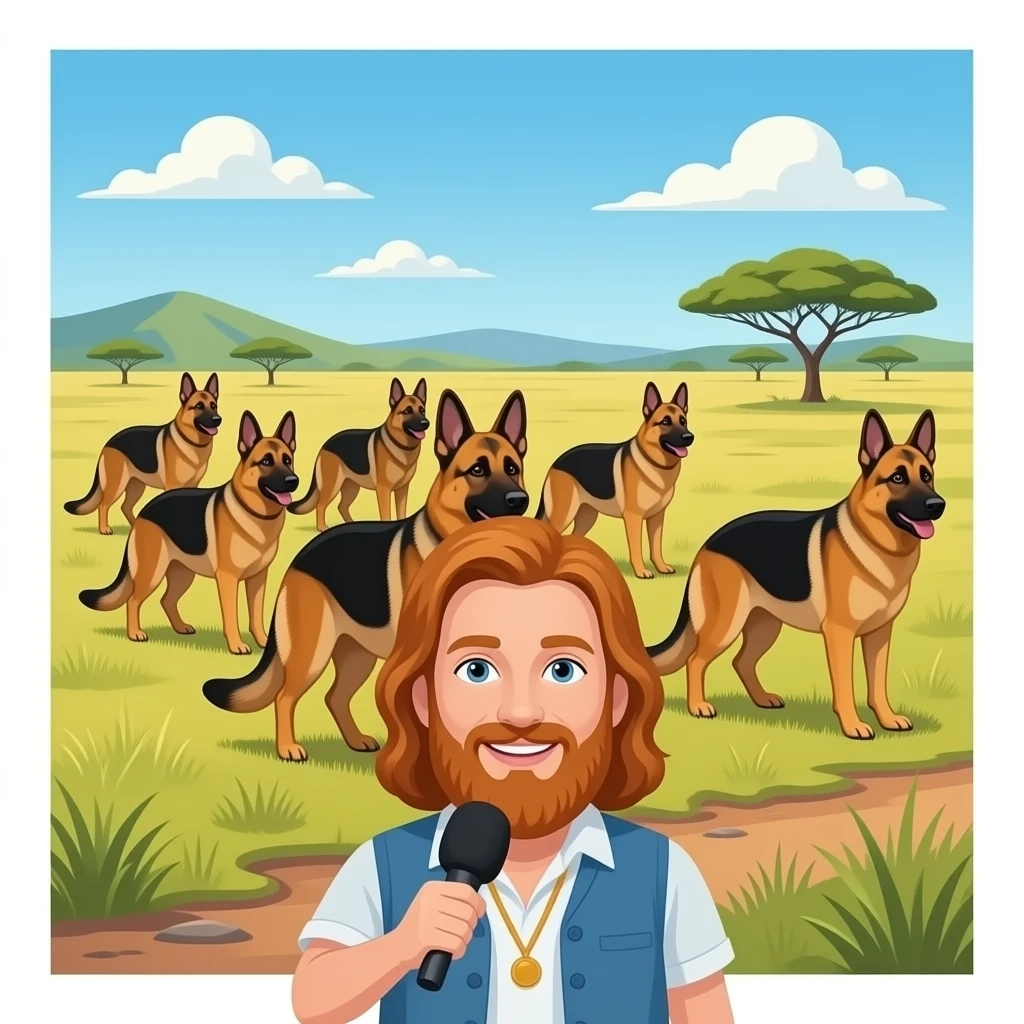 Seven K9 german sheppards surrounding serengeti plains patrol with news anchor interviewing ginger-bearded hippie sunglasses emoji