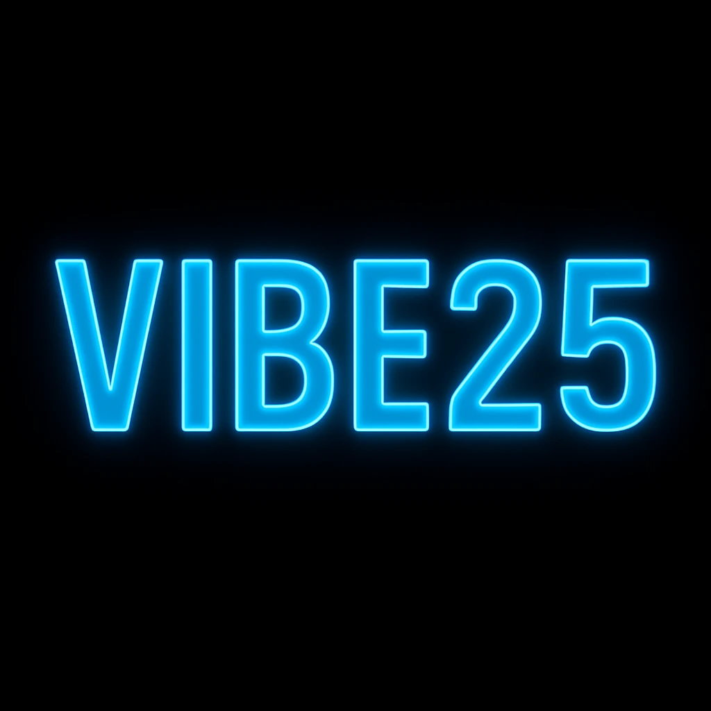 Redesign the VIBE25 logo to be highly legible at small sizes with bolder, simpler lettering and increased spacing. Keep the Tron-inspired neon blue glow and solid black background. Minimize fine details for clarity and readability at small scale, preserving the overall futuristic neon aesthetic. emoji