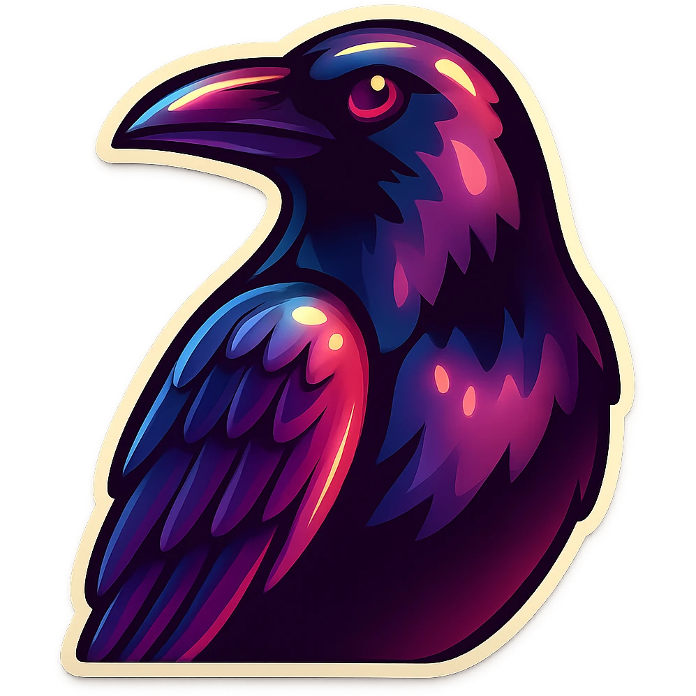 A large, expressive crow in retro sticker style, with detailed chiaroscuro and volume, rendered in various shades of gray. Clear contours, bright details, vintage atmosphere, no gradients. emoji