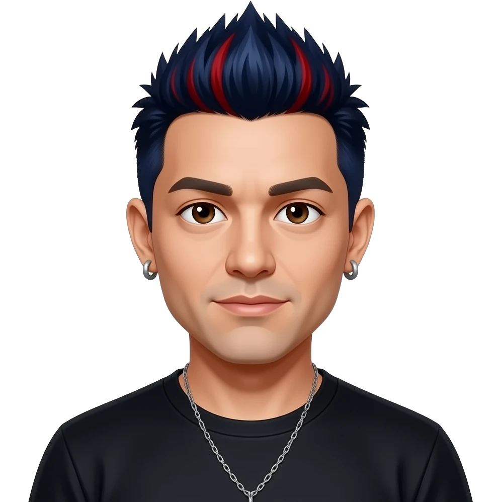 Mike Shinoda from Linkin Park with dark brown eyes, dark indigo spiky hair with red highlights, black metallic t-shirt, necklace and earrings emoji