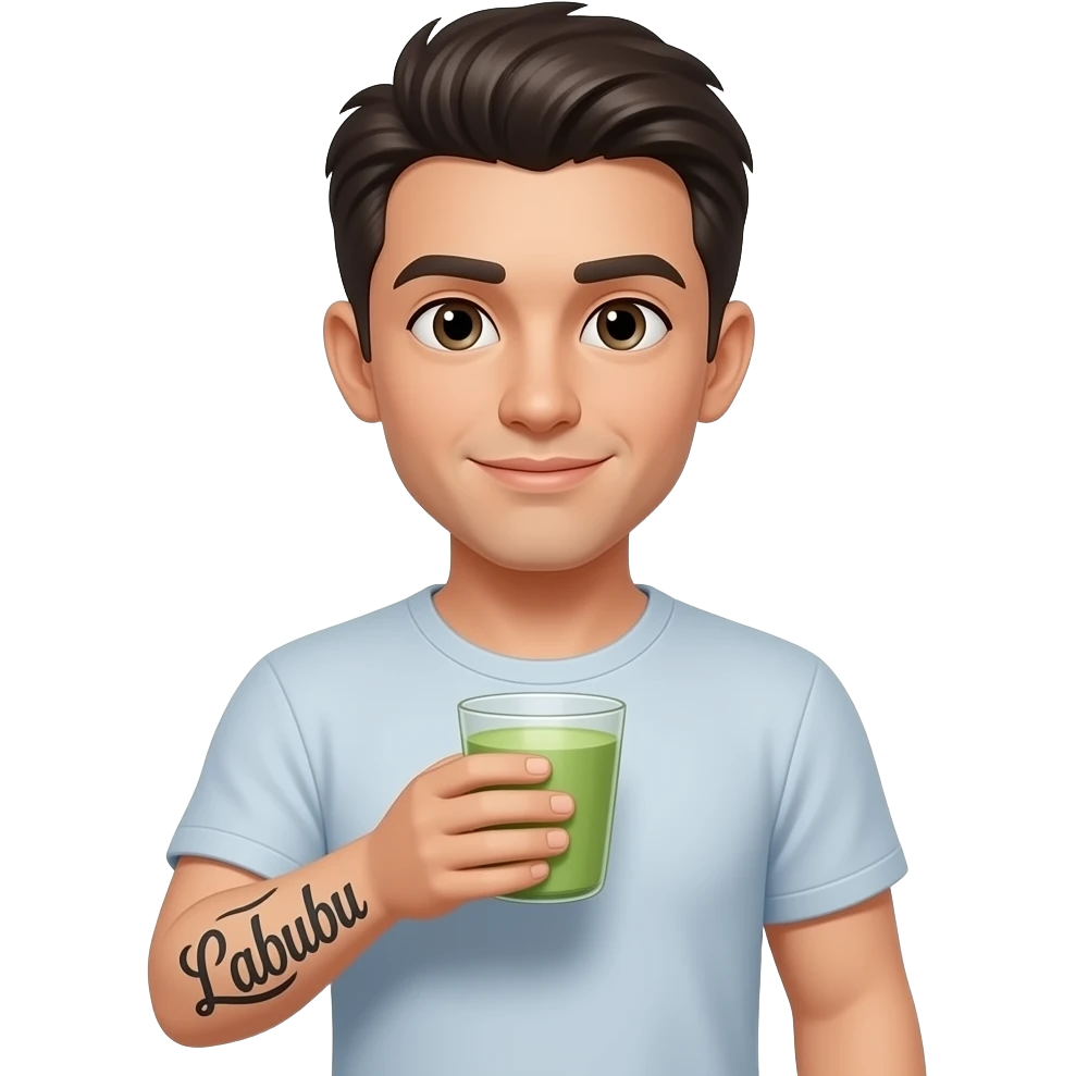 Labubu tattoo on biceps holding matcha emoji