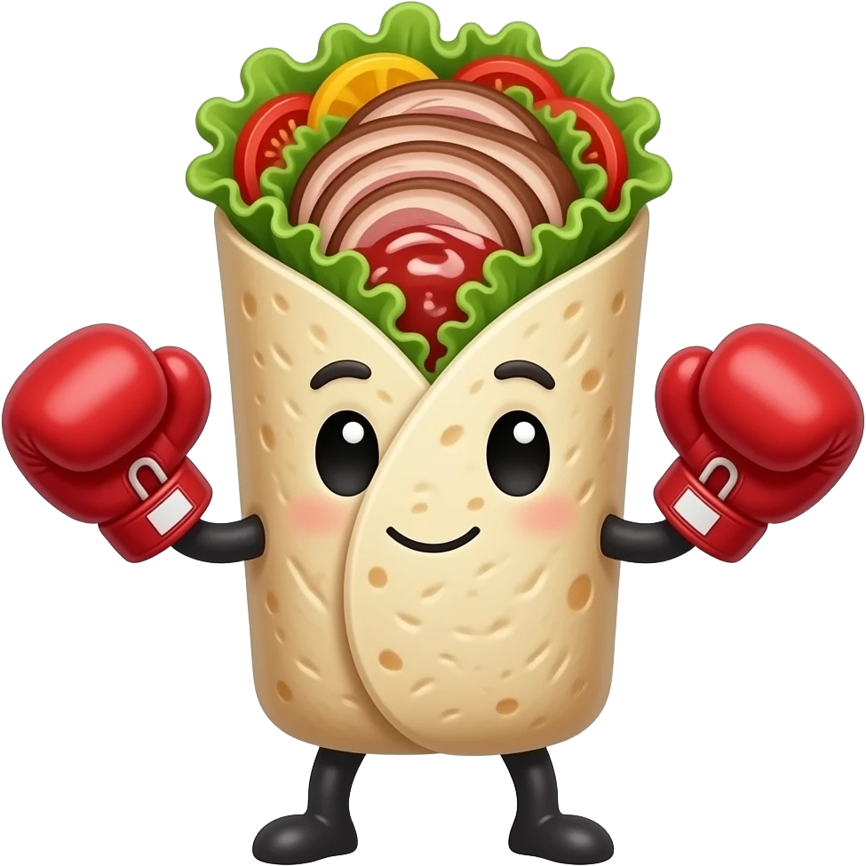 Doner kebab emoji, clearly visible layered kebab meat slices (not sausage), with salad, tomato and sauce, wrap visible, small boxing gloves, no arms or legs, cute competitive face, clean glossy emoji style emoji