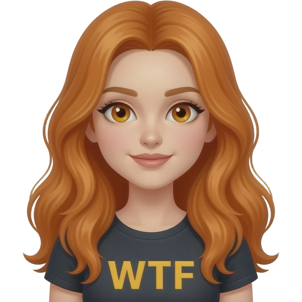 sexy girl with overlong ginger hair and ginger eyes a top with WTF written on it emoji
