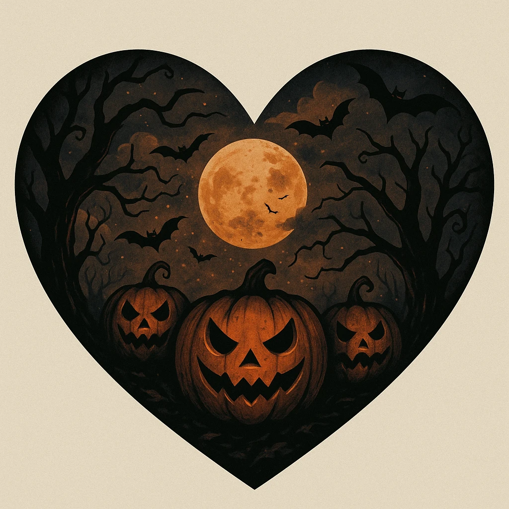 heart with Halloween theme, spooky, pumpkins, bats, dark colors emoji