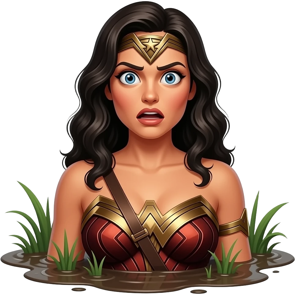a tanned shocked terrified voluptuous wonder woman chest deep in jungle quicksand emoji