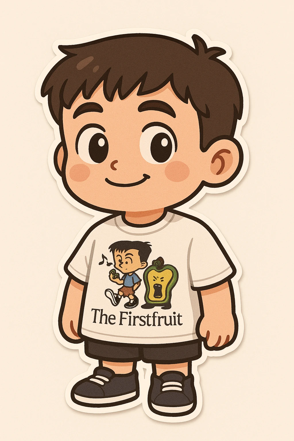 Create an emoji of a man with short dark hair, wearing a white t-shirt featuring the cartoon 'The Firstfruit' design as shown in the reference images. Capture the friendly, expressive emoji look in a chibi stickers cartoon style, emphasizing the unique print on the shirt and the cartoon style overall. emoji