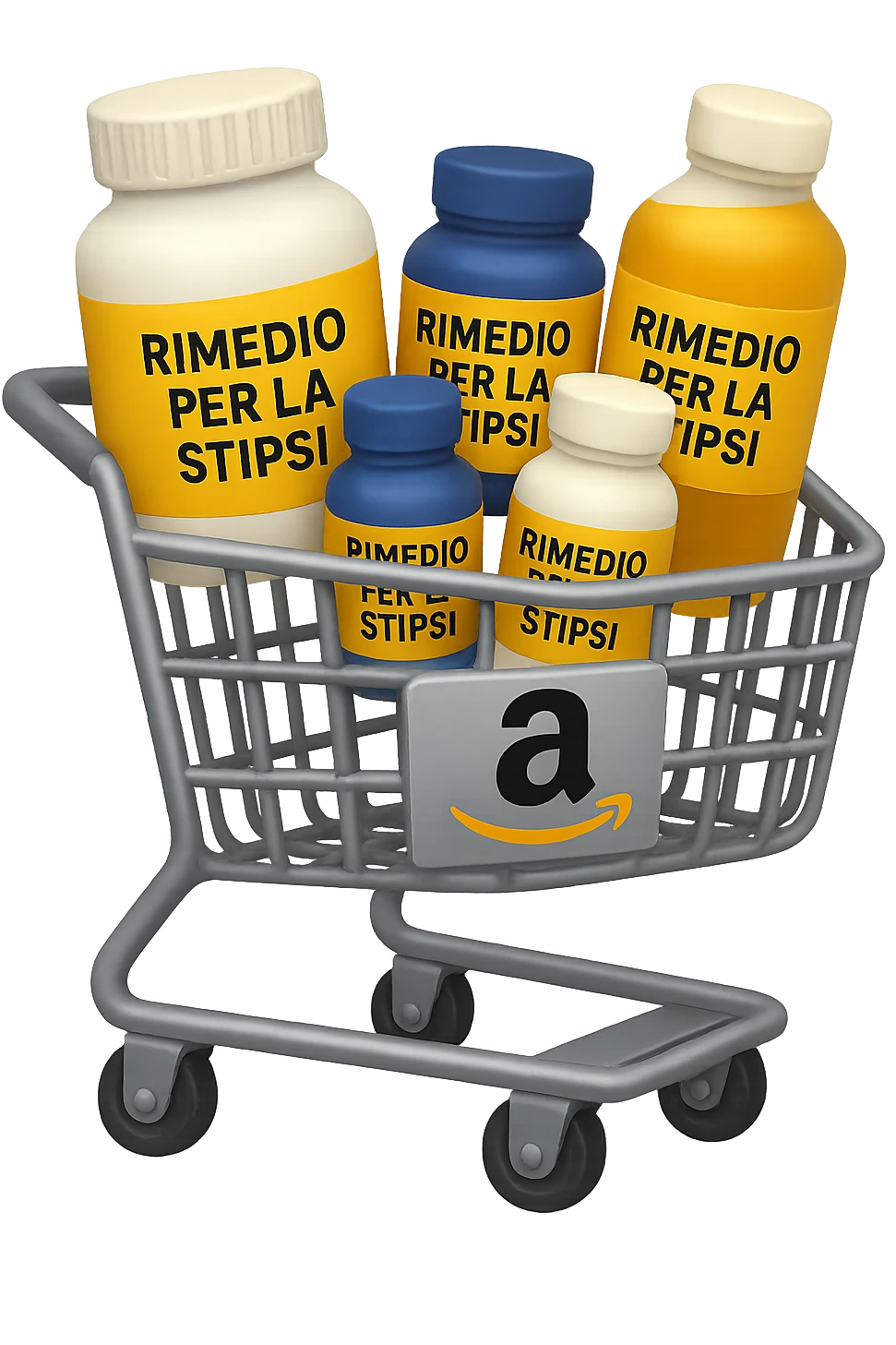 emoji stile iphone di un carrello per la spesa con l'icona di amazon stampata sopra, dentro al carretto ci sono varie boccette di integratori con la scritta "RIMEDIO PER LA STIPSI", iperrealistico 4k emoji