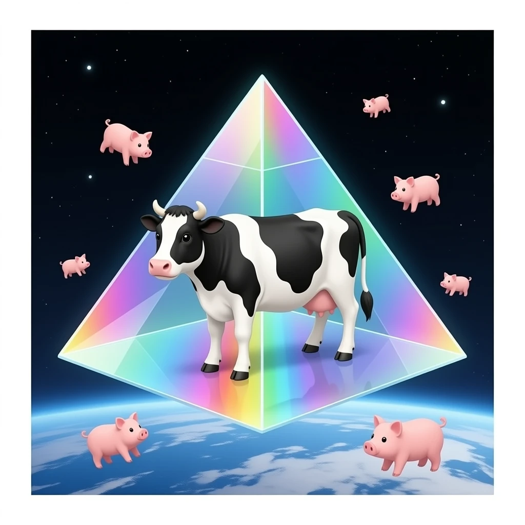 a black and white cow stands inside a glass pyramid floating in space and shining with rainbow colors, little pigs float around the pyramid emoji