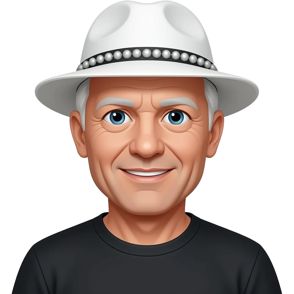 Older White guy white  hair white beatd hat on black tee emoji