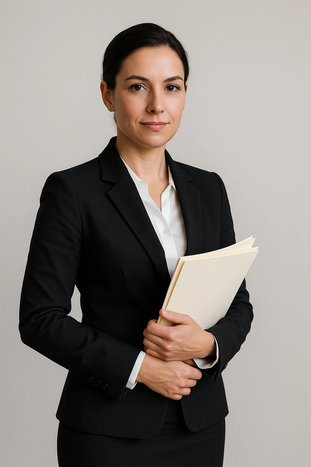 lawyer woman, professional attire, holding legal documents, confident expression, simple background emoji