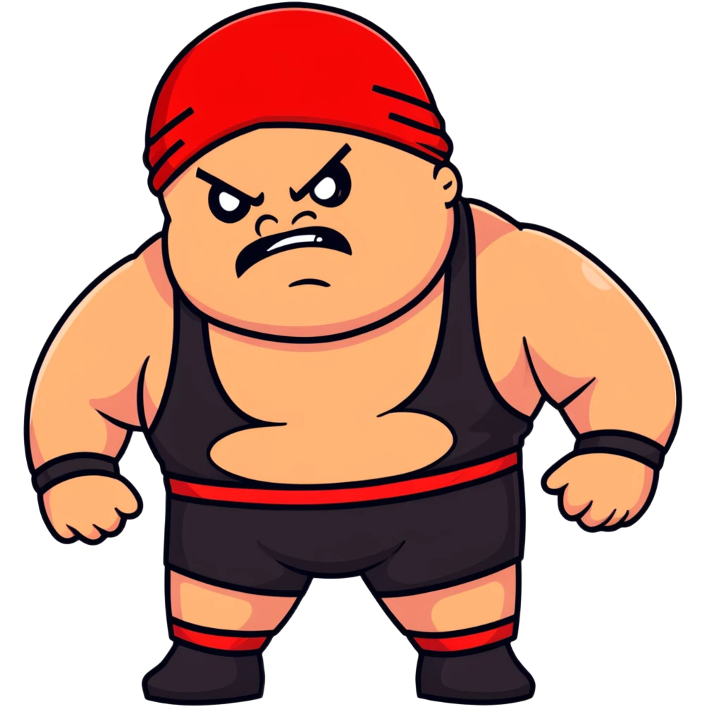 Close-up of white skin fat guy with prominent black durag, completely shaved face, no beard or mustache, black eyes in a red and black wrestling singlet with angry face emoji