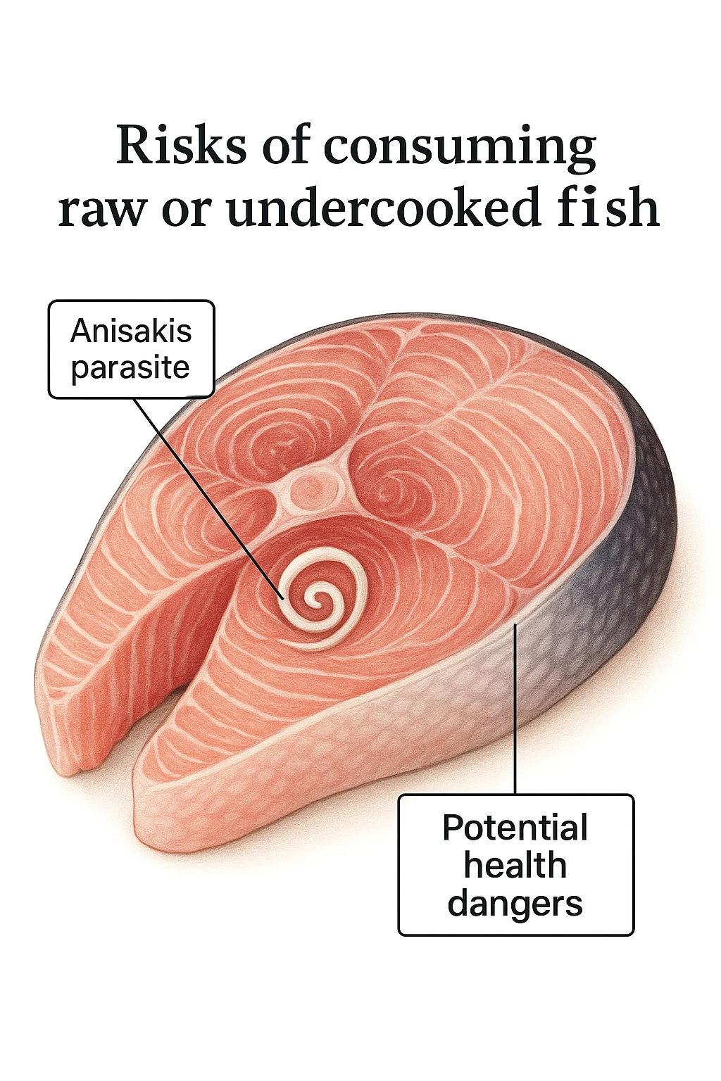 a close-up cross-section of a raw fish fillet, showing a white, coiled Anisakis parasite embedded in the muscle tissue. The parasite is clearly labeled, and the surrounding fish tissue is rendered in detail. The background is clean and white, with educational callouts explaining the risk of consuming raw or undercooked fish. emoji