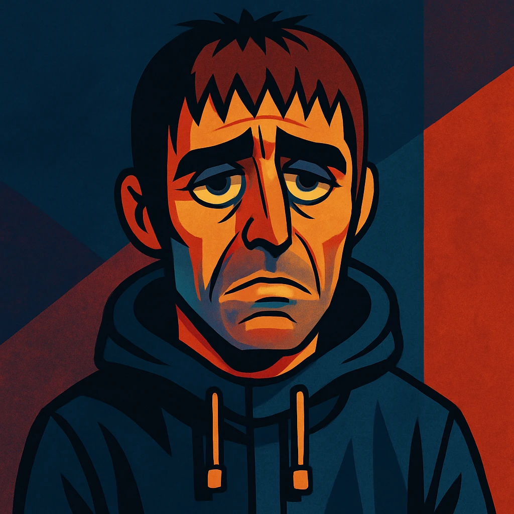 stylized illustration of Liam Gallagher with a sad expression, moody lighting, expressive face emoji