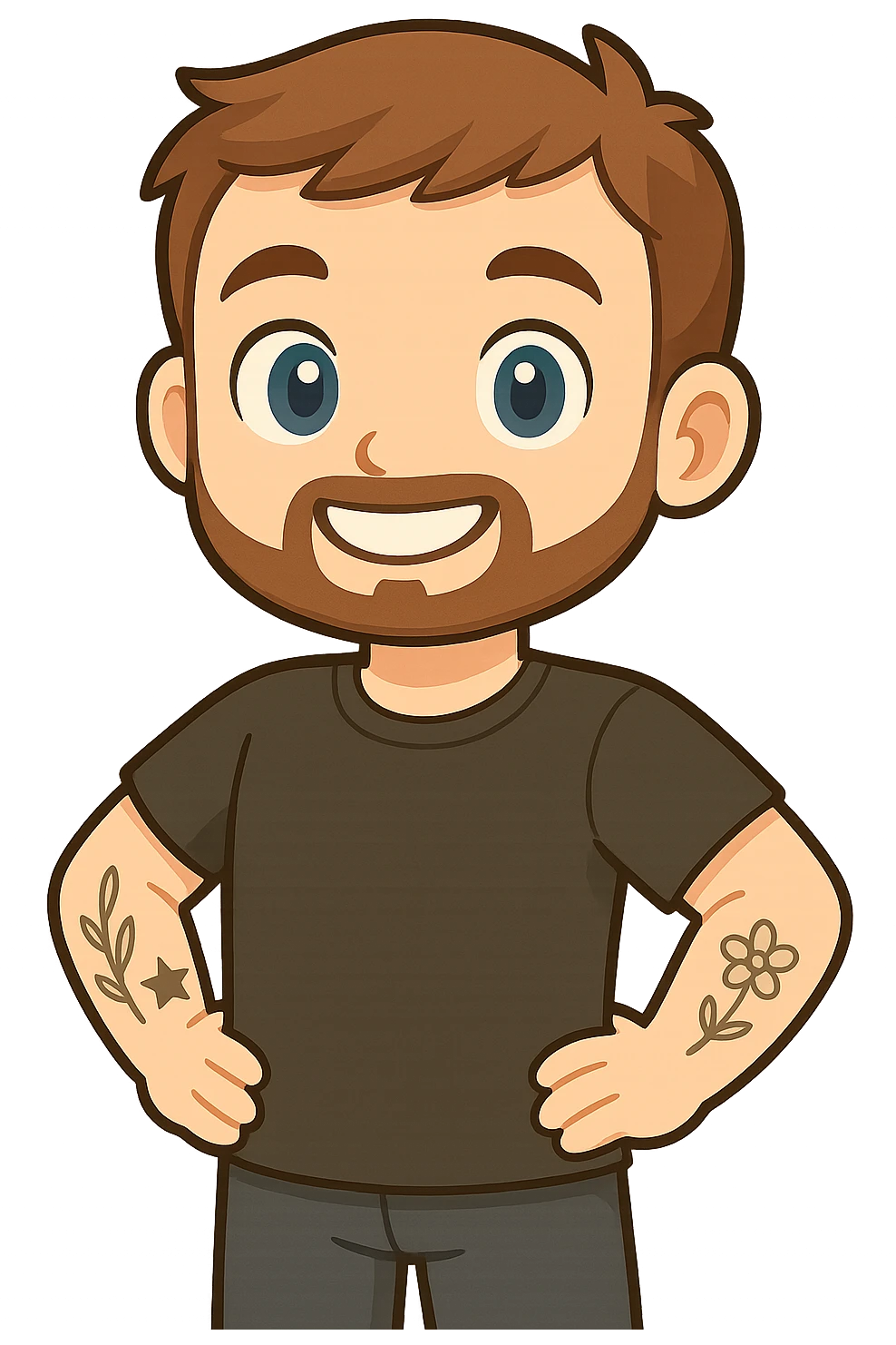 Create a chibi/cartoon-style male character with short brown hair, neatly trimmed short beard, large blue eyes, and a smile. Keep the same facial features and expression as the reference. The character has visible tattoos (leaf, star, flower) on his left arm, wears a simple black t-shirt, and stands proudly with both arms on his hips. Use smooth shading and clean lines. Front-facing angle with transparent background. emoji