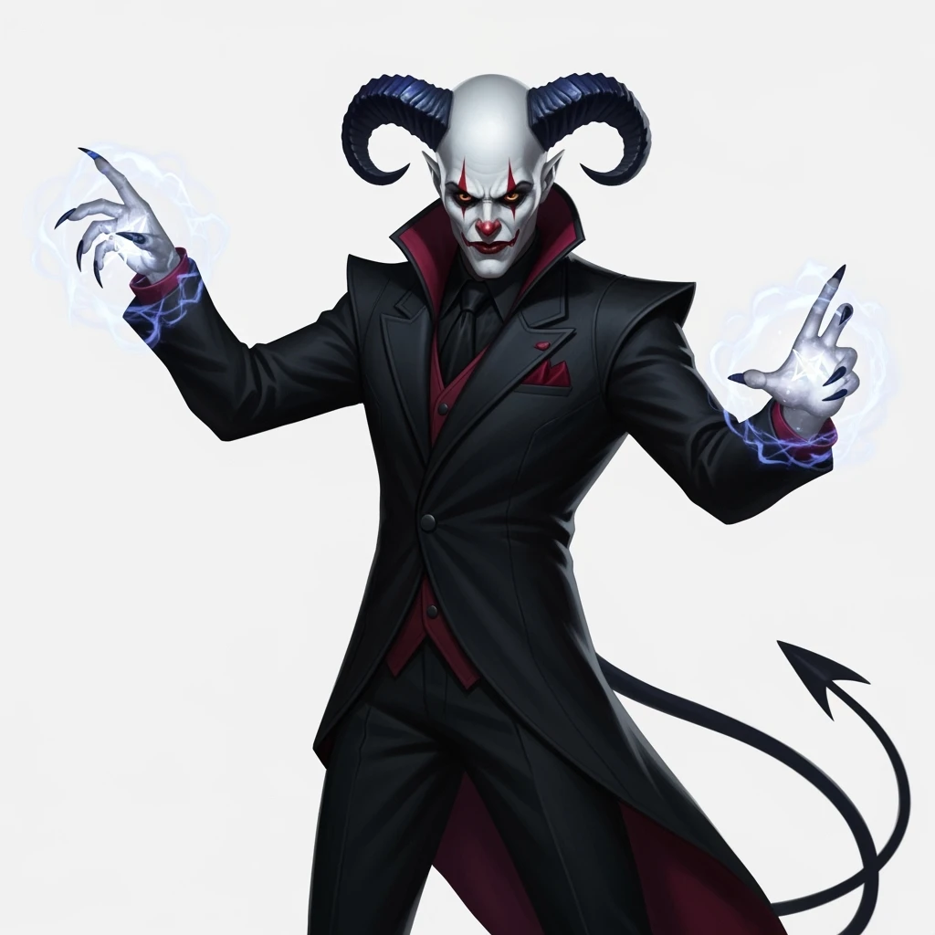 Evil clown wizard with white skin, stoic and frowning expression, wearing a black suit, with horns and tail, casting a spell, no pentagrams, detailed character design based on reference images emoji