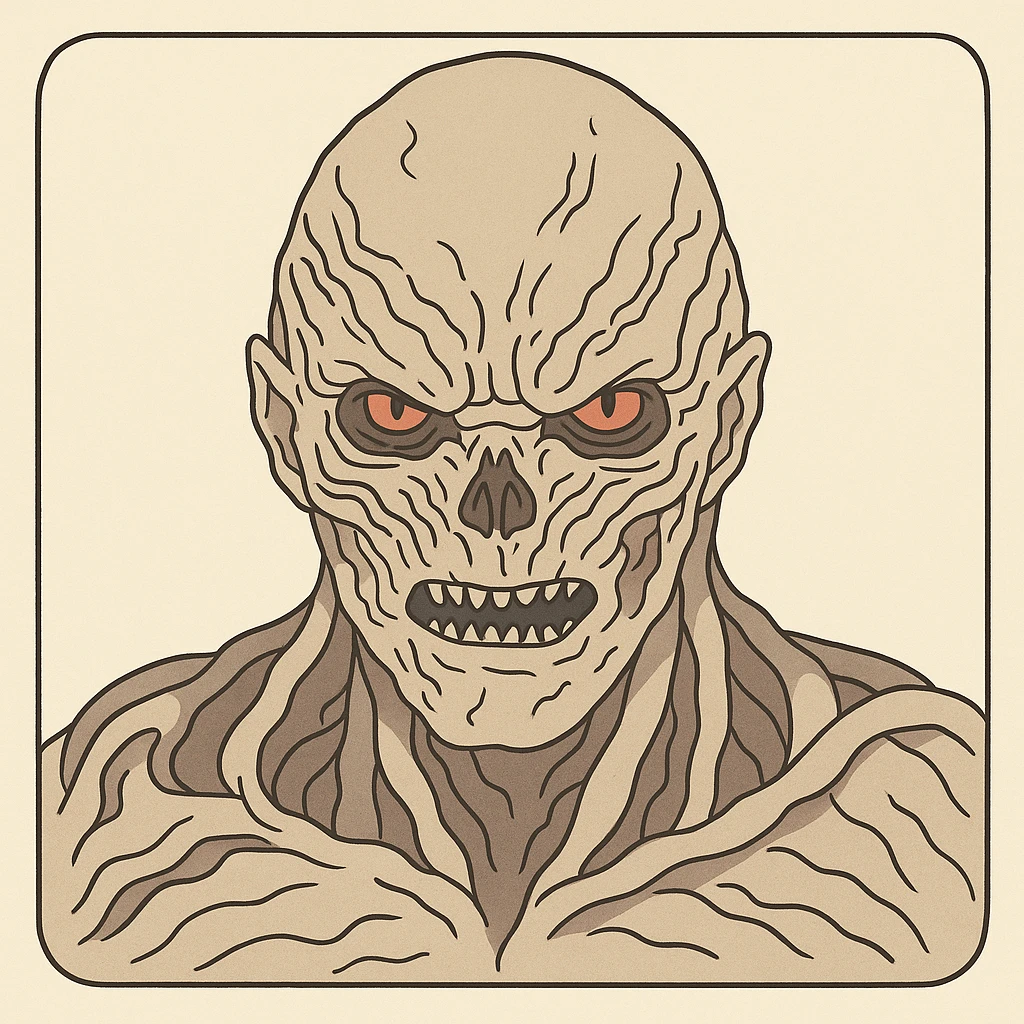 Vecna from Stranger Things with monstrous appearance, textured skin, threatening expression, simple line art, light pastel tones, thick outlines, in Ghibli style, 1:1 format, inspired by the provided references. emoji