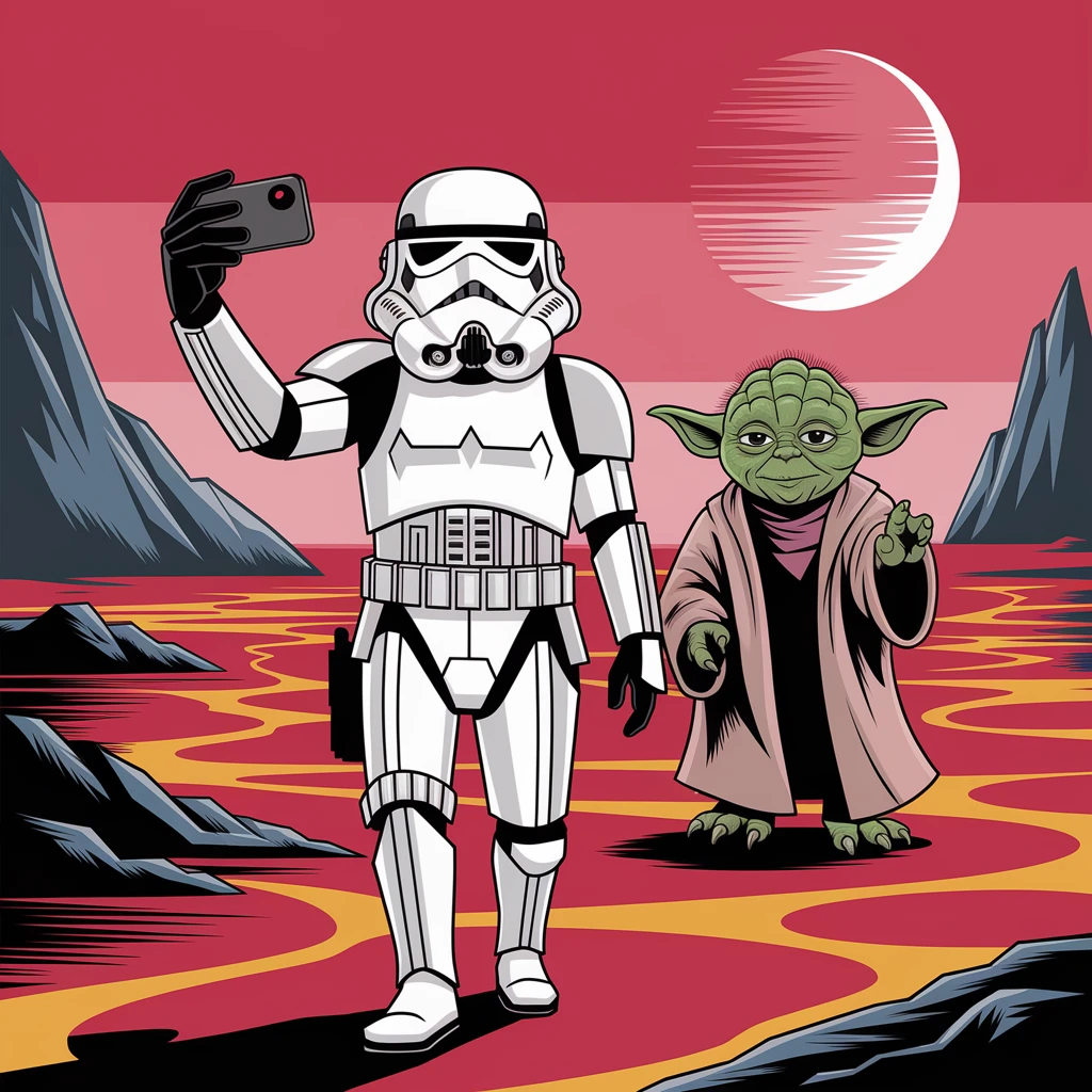 Camera POV, Starwars stormtroopers vlogging selfie, he is walking on lava planet with yoda emoji