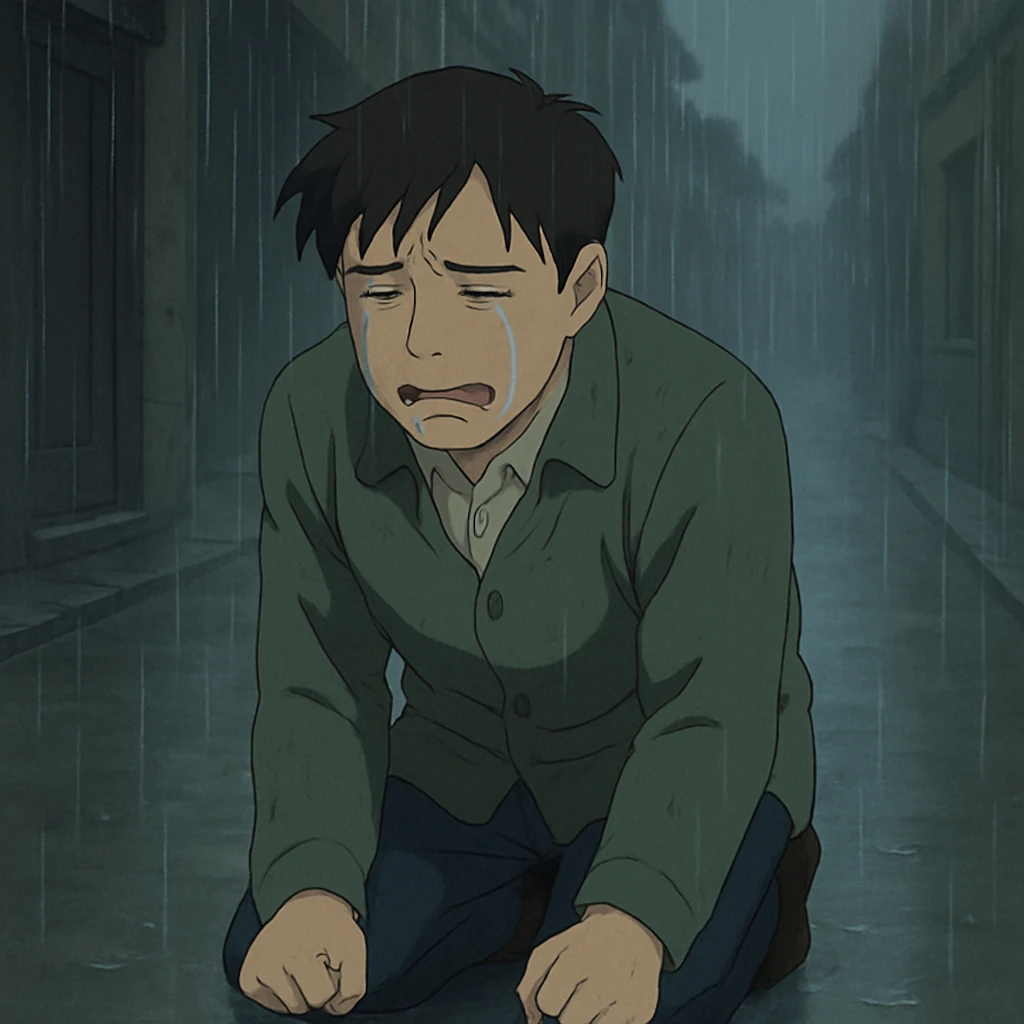 sad Asian man kneeling and crying in a rainy street, moody atmosphere emoji