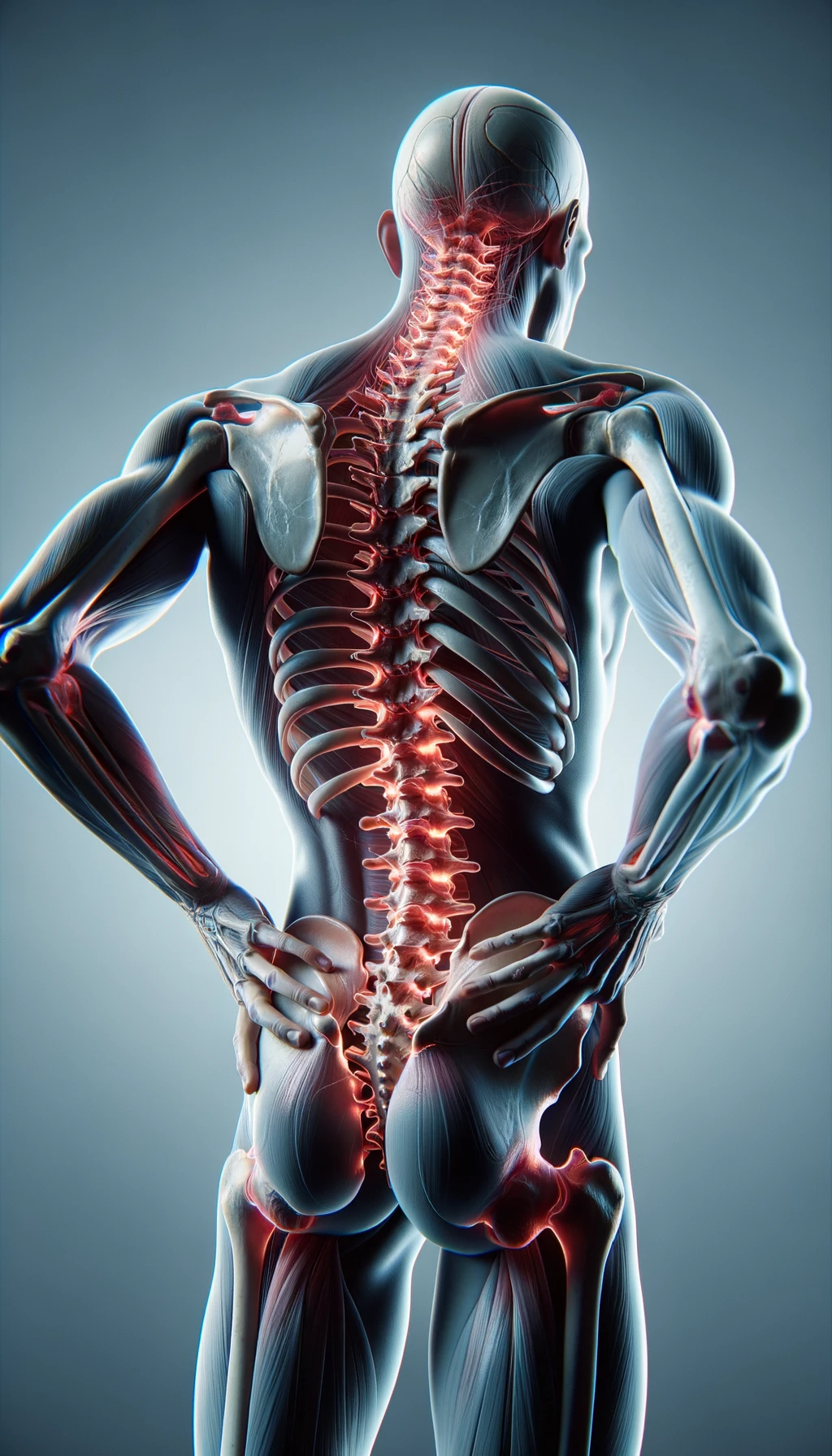 corpo umano anatomico di spalle e fisico storto, spina dorsale in evidenza, dolore alla schiena su un lato, iperrealistico 4k emoji