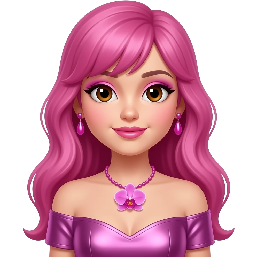 YammyXOX with brown eyes, long fuchsia hair, fuchsia eyeshadow, pink lipstick, orchid metallic off-shoulder dress, hot pink necklace and earrings emoji