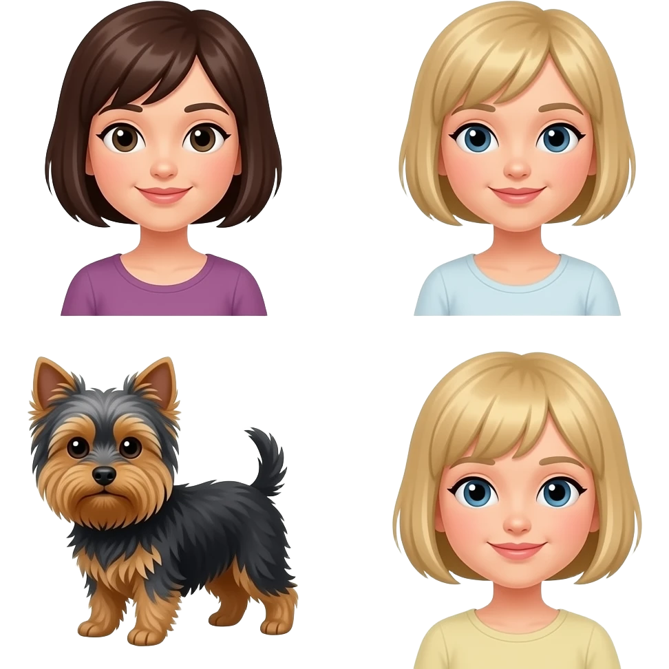 woman with bob haircut with little Yorkshire full black without any brown brown and long hair in the eye and little blond girl with pixie cut emoji