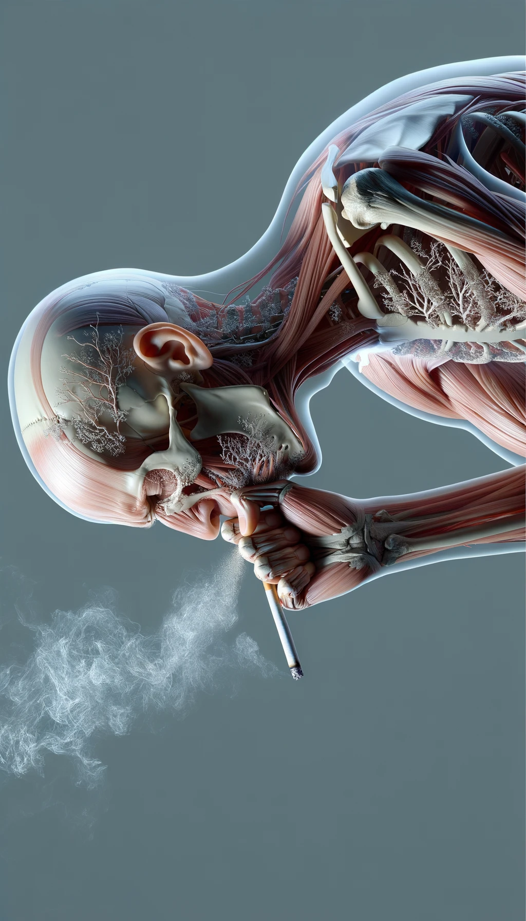 CORPO UMANO ANATOMICO CHE FUMA UNA SIGARETTA E TOSSISCE, NEUTRAL CLEAR BACKGROUND, iperrealistico 4k emoji