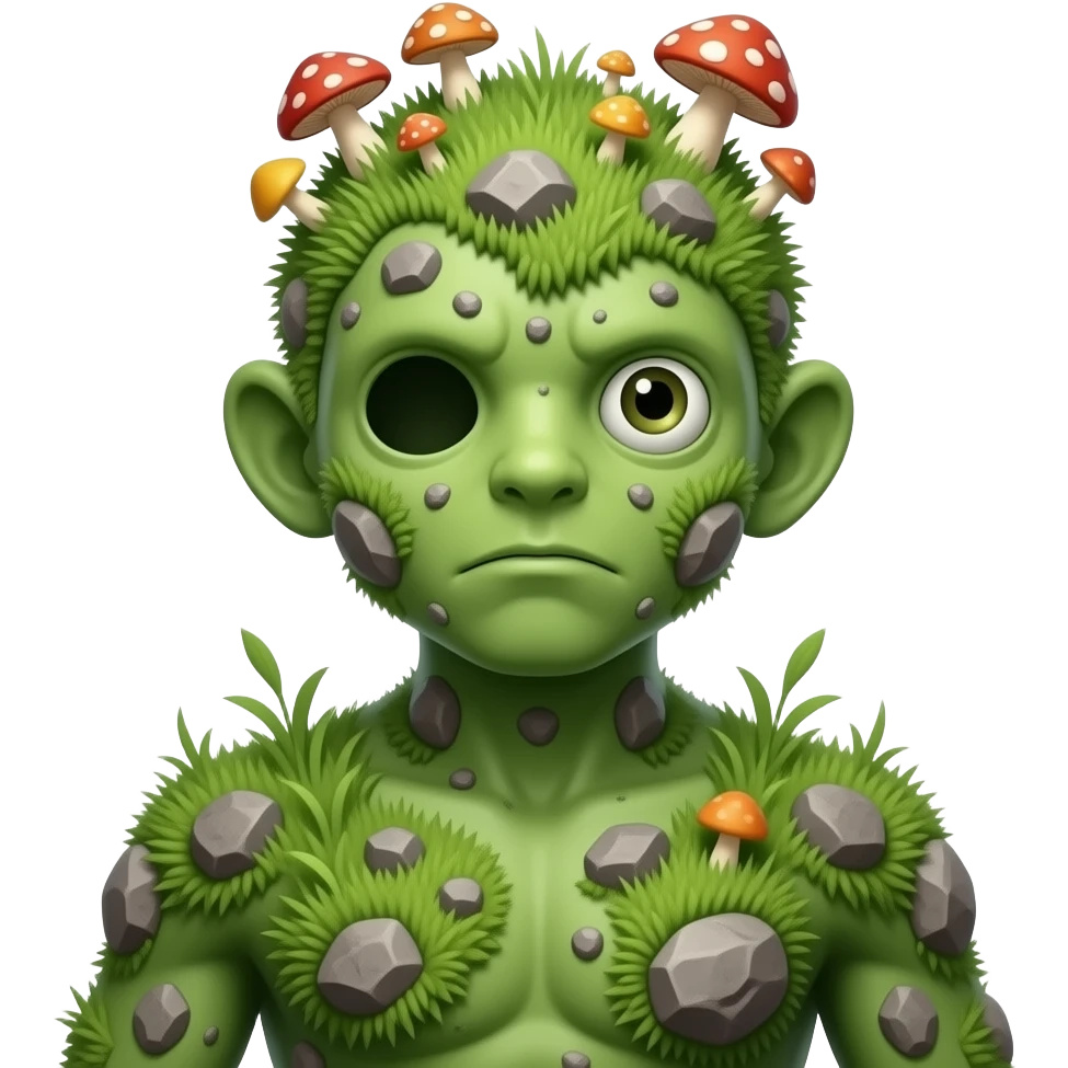 A humanoid thing with grass on it with rocks on it different mushroom growing on its head with no ears no mouth one single eye full body emoji