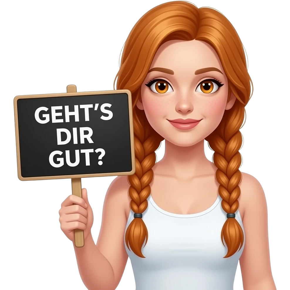 sexy girl with long ginger braids and ginger eyes wearing a white tanktop is holding a black sign with GEHT'S DIR GUT? written on it emoji
