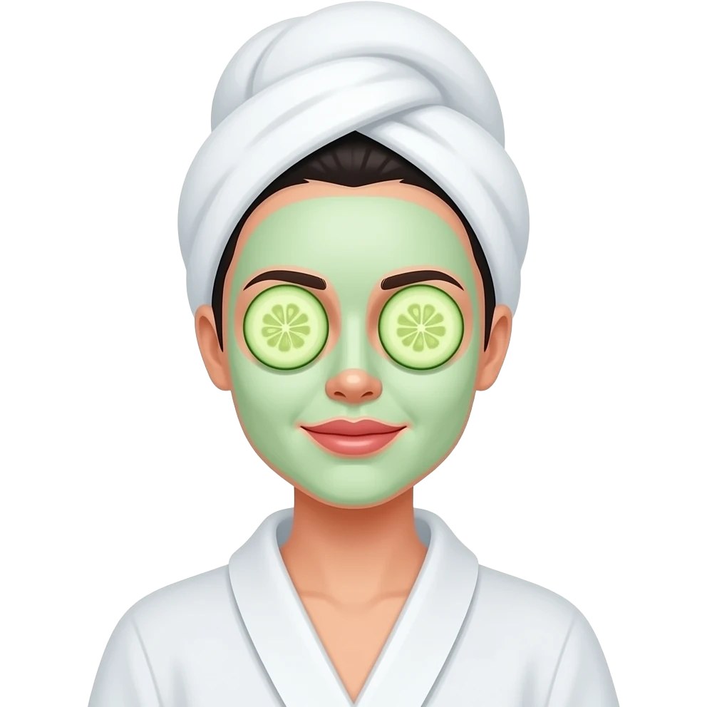 woman-with-black hair in bath robe with towel on head cucumber slices covering closed eyes, facial mask emoji