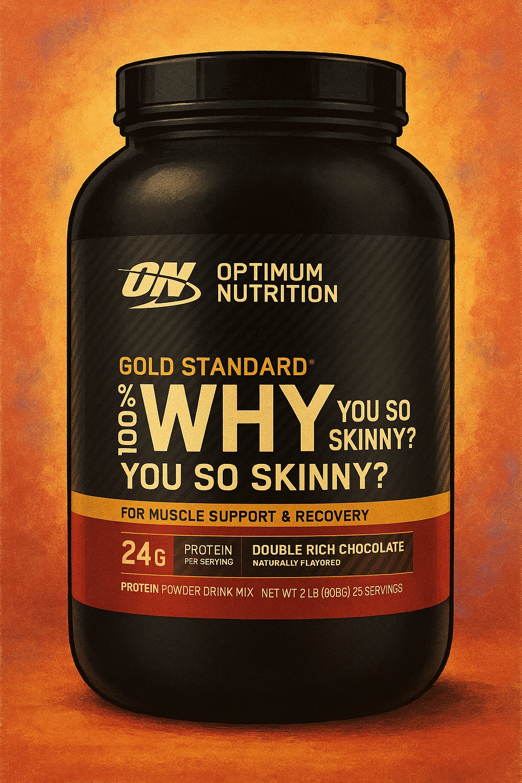 Style this image of protein jar in the GPT style. Change the inscription “WHEY” to ‘Why’ and add “you so skinny?” in a smaller font. emoji