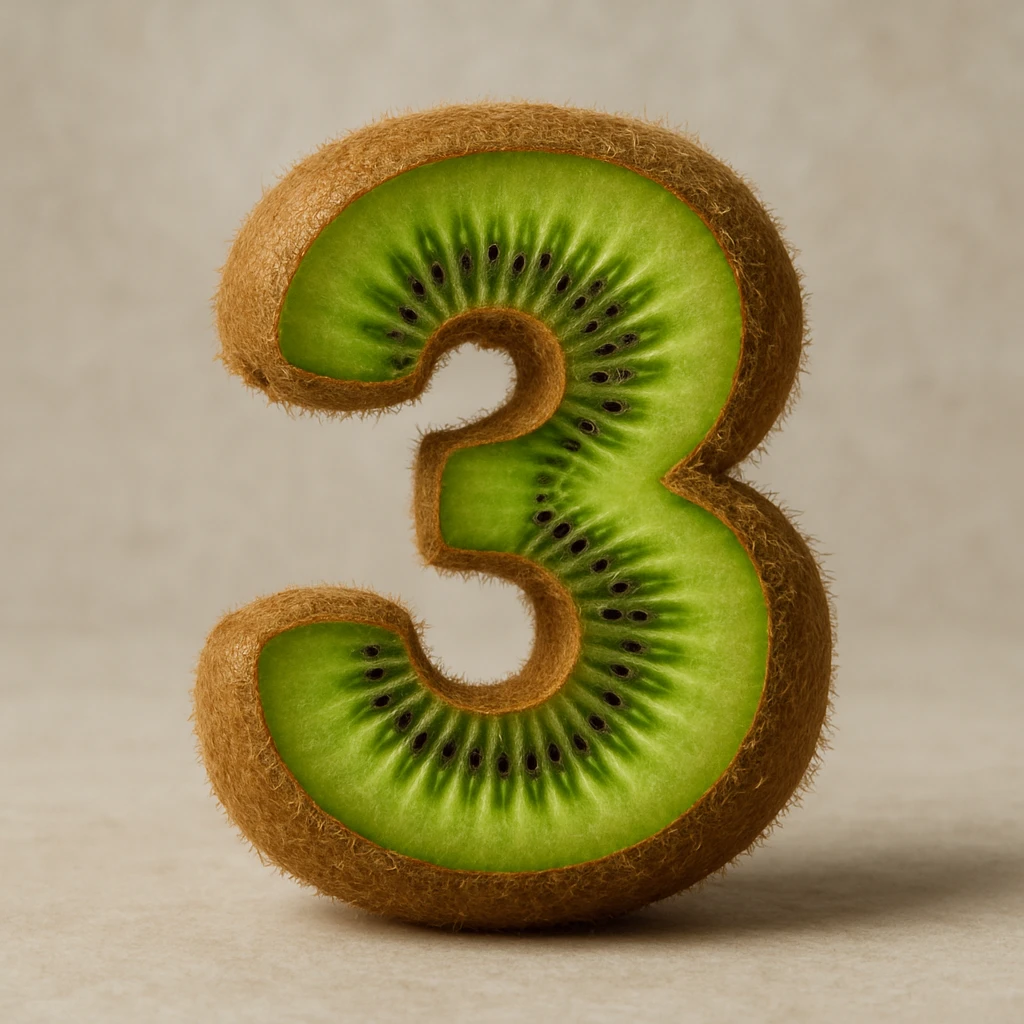 realistic textured number 3 made out of kiwi, showing fuzzy skin and green interior emoji
