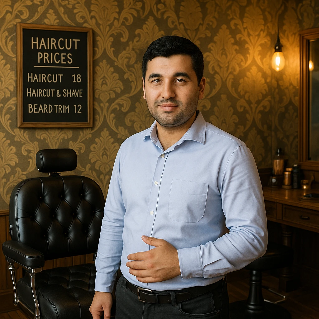 Draw me a picture of a barbershop that looks like this guy working in a barbershop. The barbershop doesn't have to be very modern. It should be on a medium floor. Also draw a blackboard on the wall. It should have the prices for haircuts there. emoji