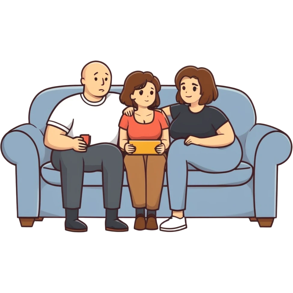 One Caucasian woman with brown hair big boobs wearing pants sitting on a couch with a bald man. emoji